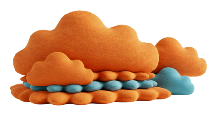 BABY TOYS - Orange and blue textured abstract clouds on white background, creative 3D shapes and patterns for art and design projects