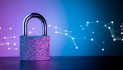 Digital padlock glowing in front of abstract data network background