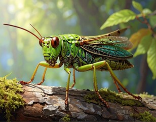 A vibrant grasshopper perched on a mossy branch, details highlighted