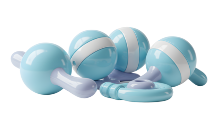 BABY TOYS - Soft blue and white baby rattles isolated on white background, perfect for newborn announcements and baby shower invitations