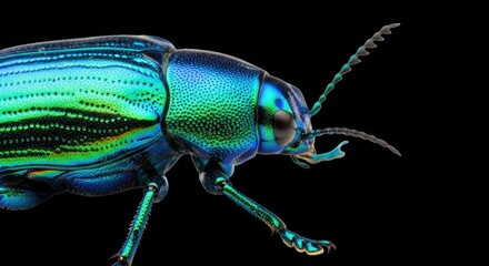 Extreme close-up macro photograph of a vibrant metallic blue green beetle insect