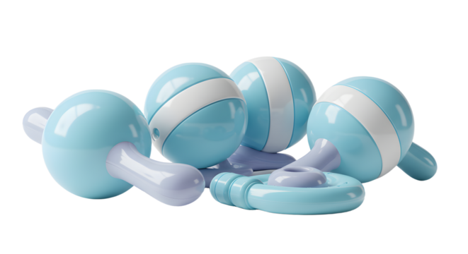 BABY TOYS - Soft blue and white baby rattles isolated on white background, perfect for newborn announcements and baby shower invitations