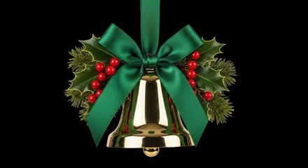Golden christmas bell ornament with green bow and holly berries festive holiday decoration
