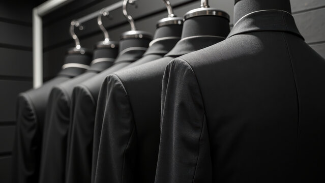 Tailored suits displayed on mannequins in stylish boutique, showcasing elegance and sophistication in fashion design