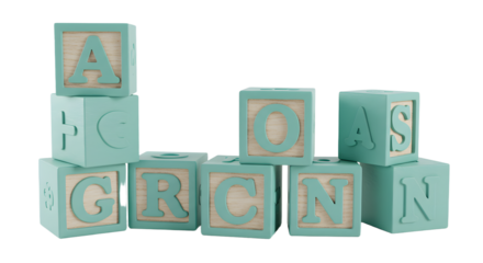 BABY TOYS - Wooden alphabet blocks with letters A, C, O, S, G, R, N in pastel teal and natural wood tones, educational toy for children and learning development