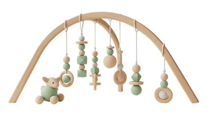 BABY TOYS - Wooden baby gym with pastel toys and hanging animals, natural baby activity gym, perfect for newborn sensory development