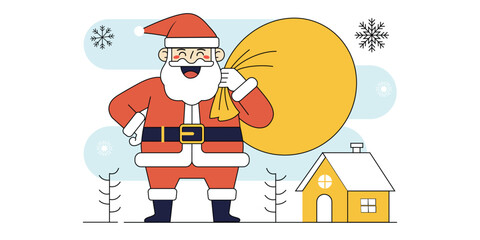 Cartoon Santa Claus with Gift Bag Near Snowy Winter House – Minimal Flat Christmas Illustration