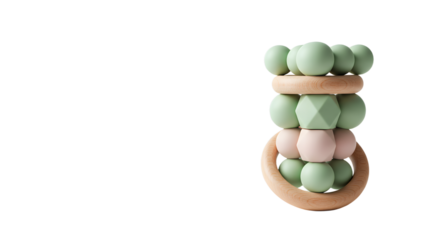 BABY TOYS - Wooden teething ring with pastel green and pink silicone beads infant toy for baby development and sensory play