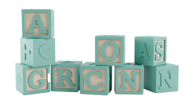 BABY TOYS - Wooden alphabet blocks with letters A, C, O, S, G, R, N in pastel teal and natural wood tones, educational toy for children and learning development