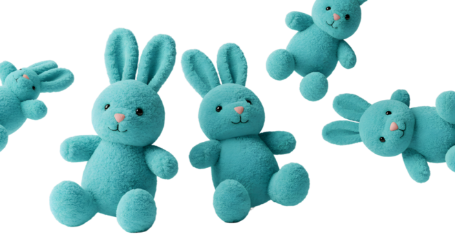 BABY TOYS - Blue plush bunny toys arranged in a pattern on black background, soft stuffed animals for children and babies, perfect for kids' rooms and playtime