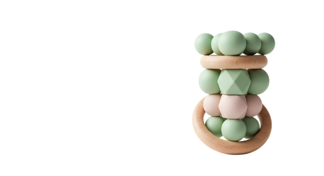 BABY TOYS - Wooden teething ring with pastel green and pink silicone beads infant toy for baby development and sensory play