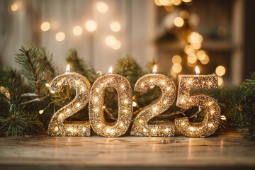 Golden 2025 Candle Lights with Festive Holiday Background