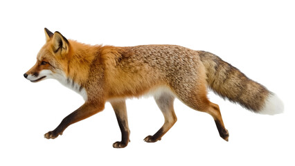 Fototapeta premium Fox in Motion: A magnificent red fox gracefully strides across a blank space, its fiery fur shimmering in the light, showcasing the sleek elegance of this wild creature.