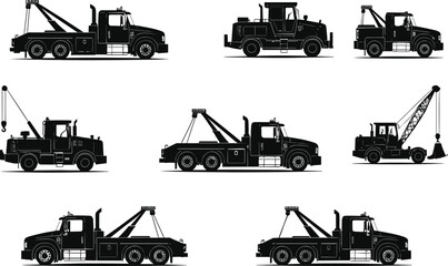 Tow truck silhouettes, construction vehicle icons, crane, forklift, flatbed, boom lift, heavy-duty transport, vector illustration, black profile, commercial use