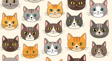 Fototapeta premium A vibrant pattern featuring an array of adorable cat faces.
