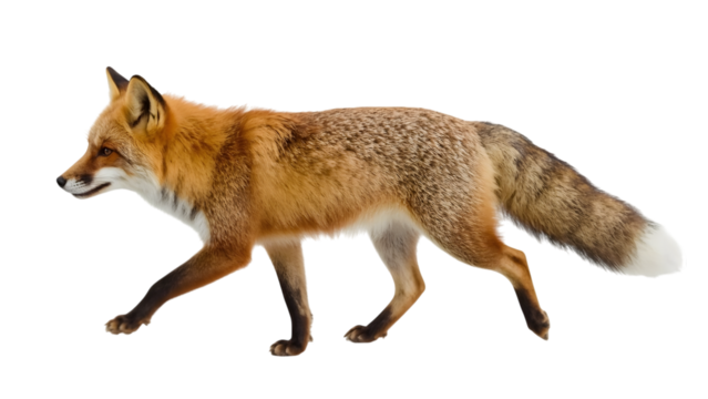 Fox in Motion: A magnificent red fox gracefully strides across a blank space, its fiery fur shimmering in the light, showcasing the sleek elegance of this wild creature. - Powered by Adobe