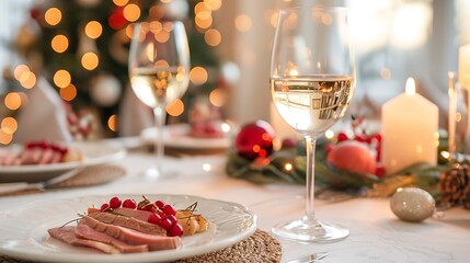 Naklejka premium Festive table setting with wine glasses and food near christmas tree lights