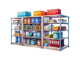 Watercolor Illustration of a Colorful Bookshelf with Books and Storage Boxes