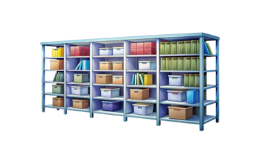 Illustration of a storage room shelving unit filled with boxes and books