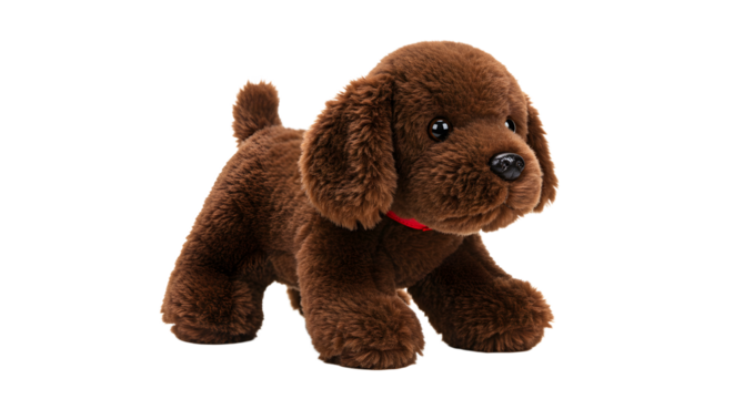 BABY TOYS - Cute brown plush dog toy with red collar isolated on white background, soft stuffed animal perfect for kids and gifts