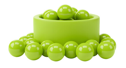BABY TOYS - Green plastic balls in a container and scattered on a white background, perfect for children?s playrooms and party decor