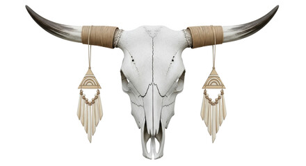 Isolated steer skull with decorations, decorative item for interior home or farm house