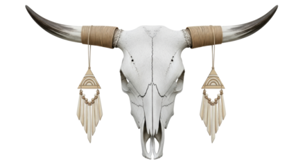 Isolated steer skull with decorations, decorative item for interior home or farm house