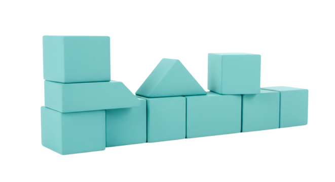 BABY TOYS - Pastel blue geometric building blocks arranged in a row, including cubes and a triangle, isolated on white background, ideal for educational projects or creative design