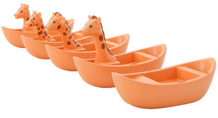 BABY TOYS - Plastic orange toy boats with giraffe heads in a row, children's toys for bath or playtime