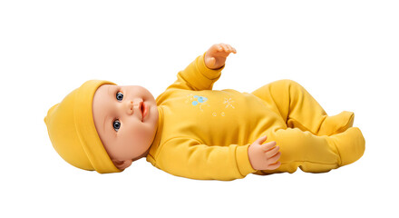 BABY TOYS - Realistic baby doll wearing yellow onesie and hat lying on black background, perfect for children?s toy promotions
