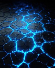 Fototapeta premium Cracked dark ground with glowing neon blue lines illuminating fractures