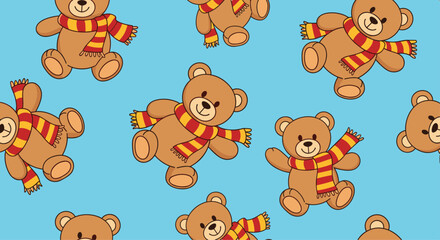Fototapeta premium A cheerful pattern of playful teddy bears wearing scarves.