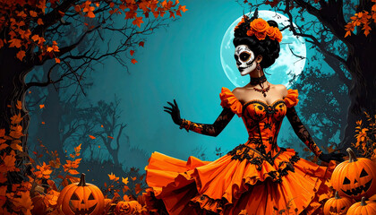Halloween et Catrina en robe orange, décor de nuit avec lune, citrouille, arbre