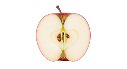 Isolated half of red apple with seeds, cut fruit, healthy food, freshness, food photography