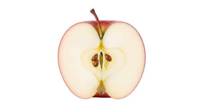 Isolated half of red apple with seeds, cut fruit, healthy food, freshness, food photography