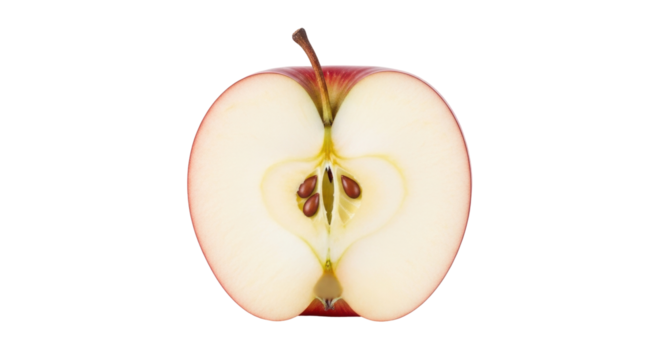 Isolated half of red apple with seeds, cut fruit, healthy food, freshness, food photography