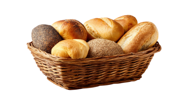 Bread Basket with Assorted Breads isolated on a white background