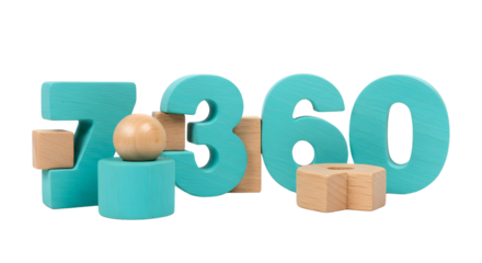 BABY TOYS - 3D wooden numbers 7, 3, 6, and 0 in teal color with geometric shapes, educational toys and learning concept