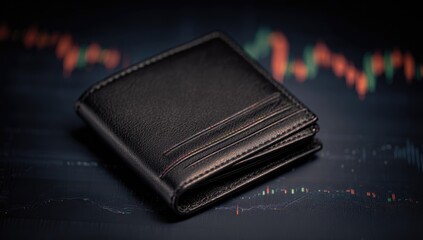 Black leather wallet on a dark financial chart background