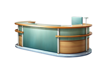 An illustrated reception desk with wooden and blue accents against black background