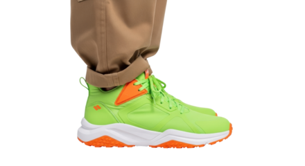 Isolated trendy sneakers with orange and green accents near the bottom of pants, streetwear