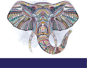 Artistic depiction of an elephant in a vibrant color palette with classic typography elements