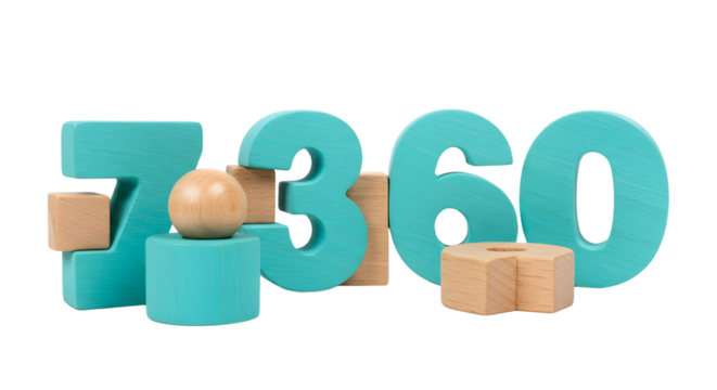 BABY TOYS - 3D wooden numbers 7, 3, 6, and 0 in teal color with geometric shapes, educational toys and learning concept