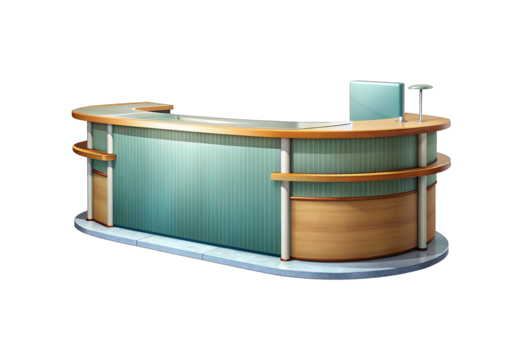 An illustrated reception desk with wooden and blue accents against black background