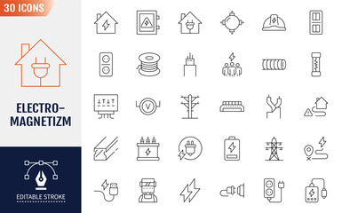 Electromagnetism Line Editable Icons set. Containing icons: electricity meter, electric cable, electrical panel, and more. Vector illustration