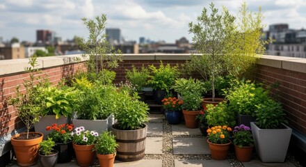 Urban rooftop garden oasis with lush green plants and flowers isolated on white background