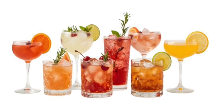 A Symphony of Flavors: An artful array of cocktails graces the scene, each a masterpiece of vibrant color and enticing garnishes, poised to tantalize the senses.