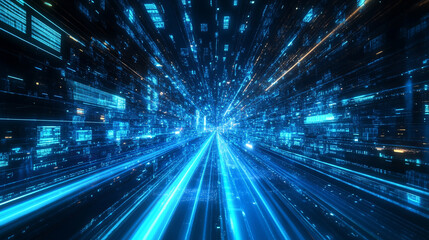 Obraz premium A futuristic cityscape illuminated by glowing blue light trails, symbolizing advanced technology, innovation, connectivity, and the pulse of the digital world. 