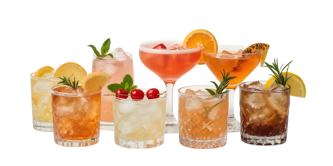 Assortment of Cocktails: A vibrant display of cocktails, each a unique concoction of flavors, stands ready to tantalize the senses, adorned with fresh garnishes and set against a backdrop.