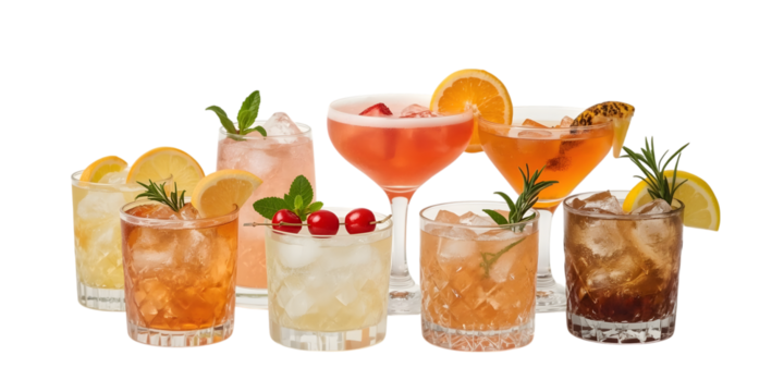 Assortment of Cocktails: A vibrant display of cocktails, each a unique concoction of flavors, stands ready to tantalize the senses, adorned with fresh garnishes and set against a backdrop.